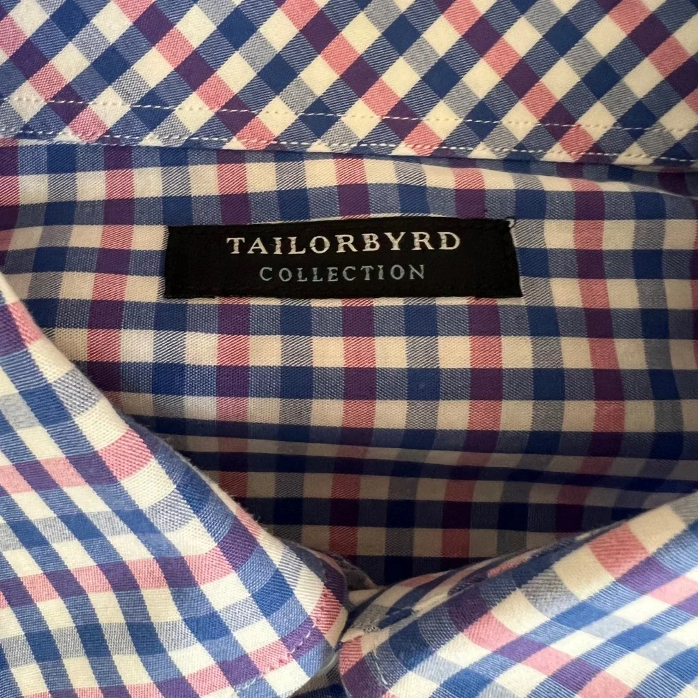 TailorByrd Button Down‎ Shirt Flamingo Logo L Navy Pink Gingham Check